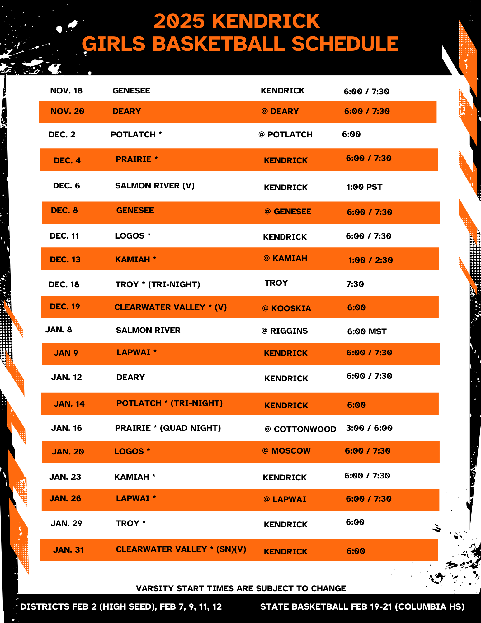 2025 Girls Basketball Schedule