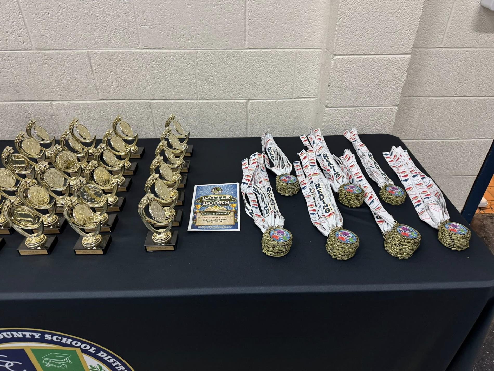 trophies and medallions aligned on a table 