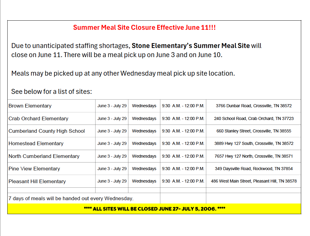 Stone Elementary’s Summer Meal Site Closure