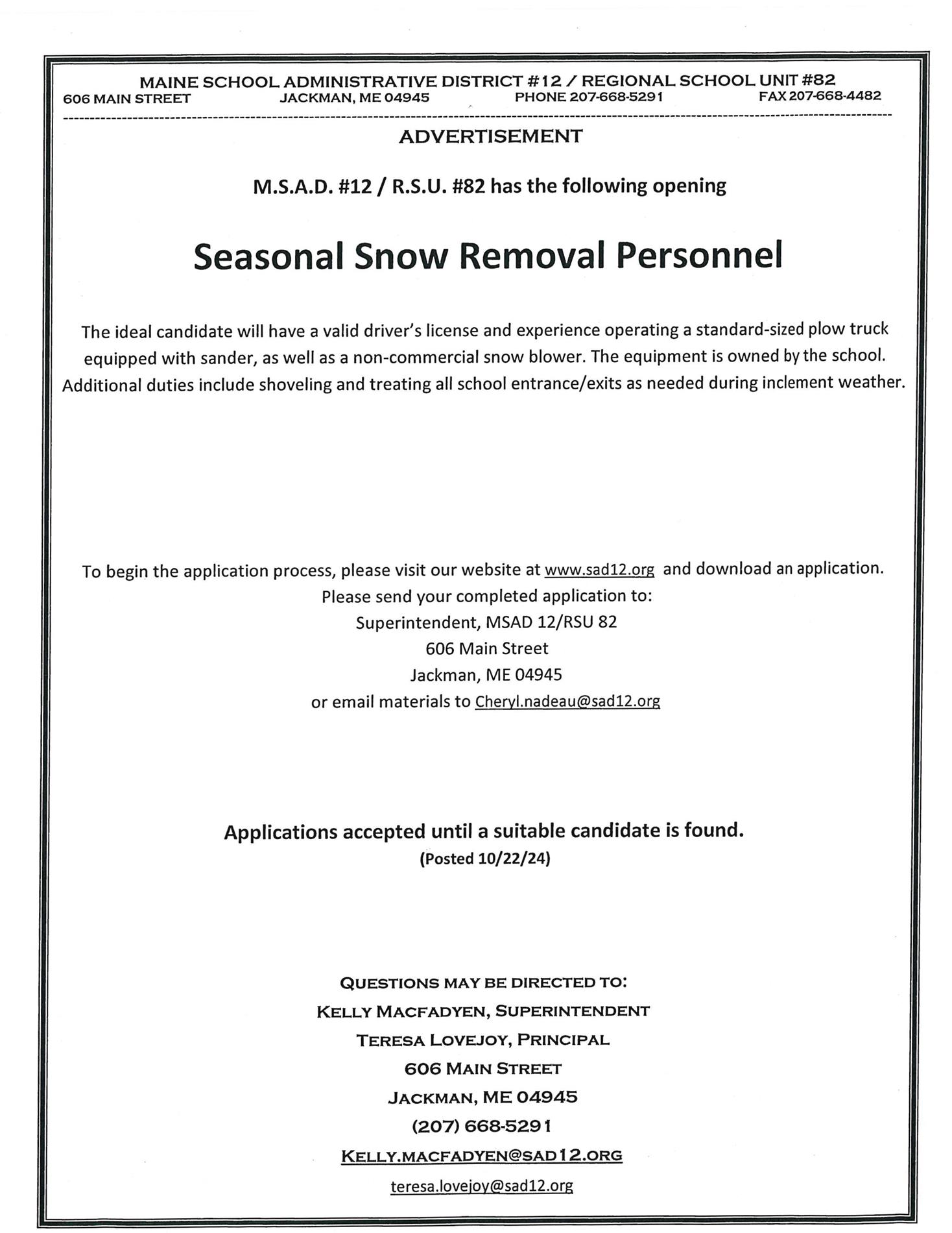 Ad For Seasonal Snow Removal Personnel