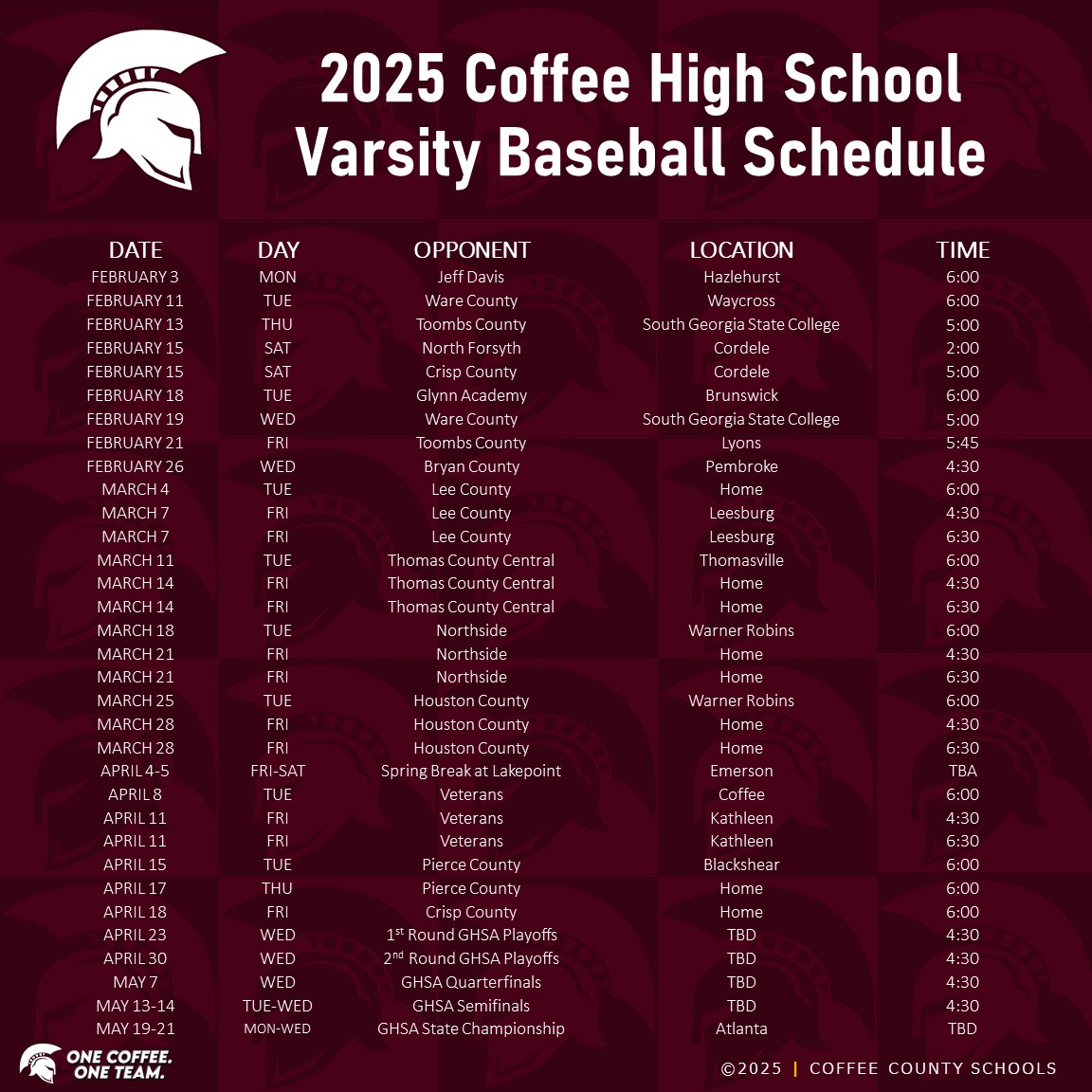 2025 CHS Varsity Baseball Schedule