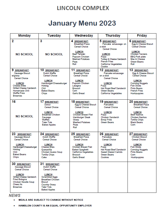 January 2023 Menu 