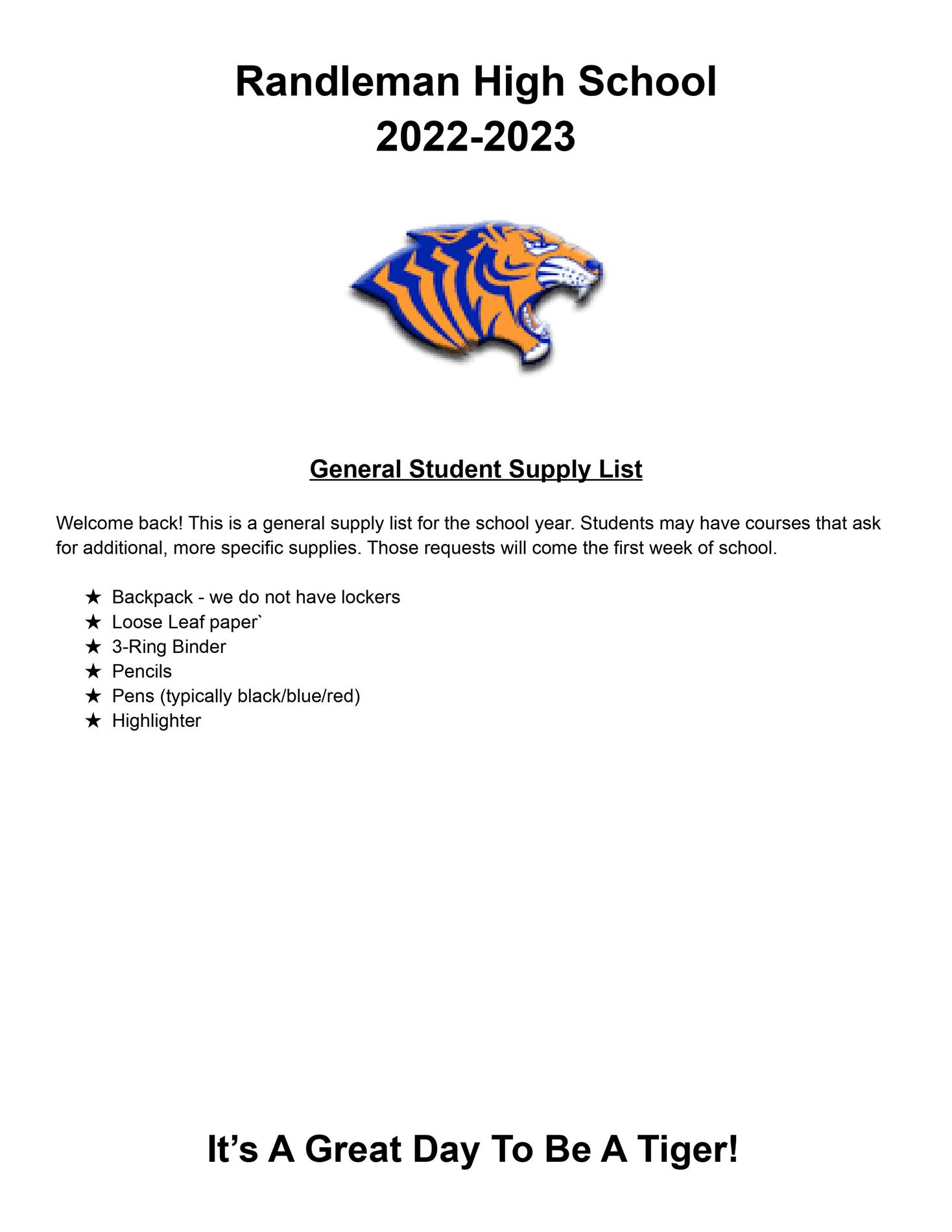 General Student Supply List