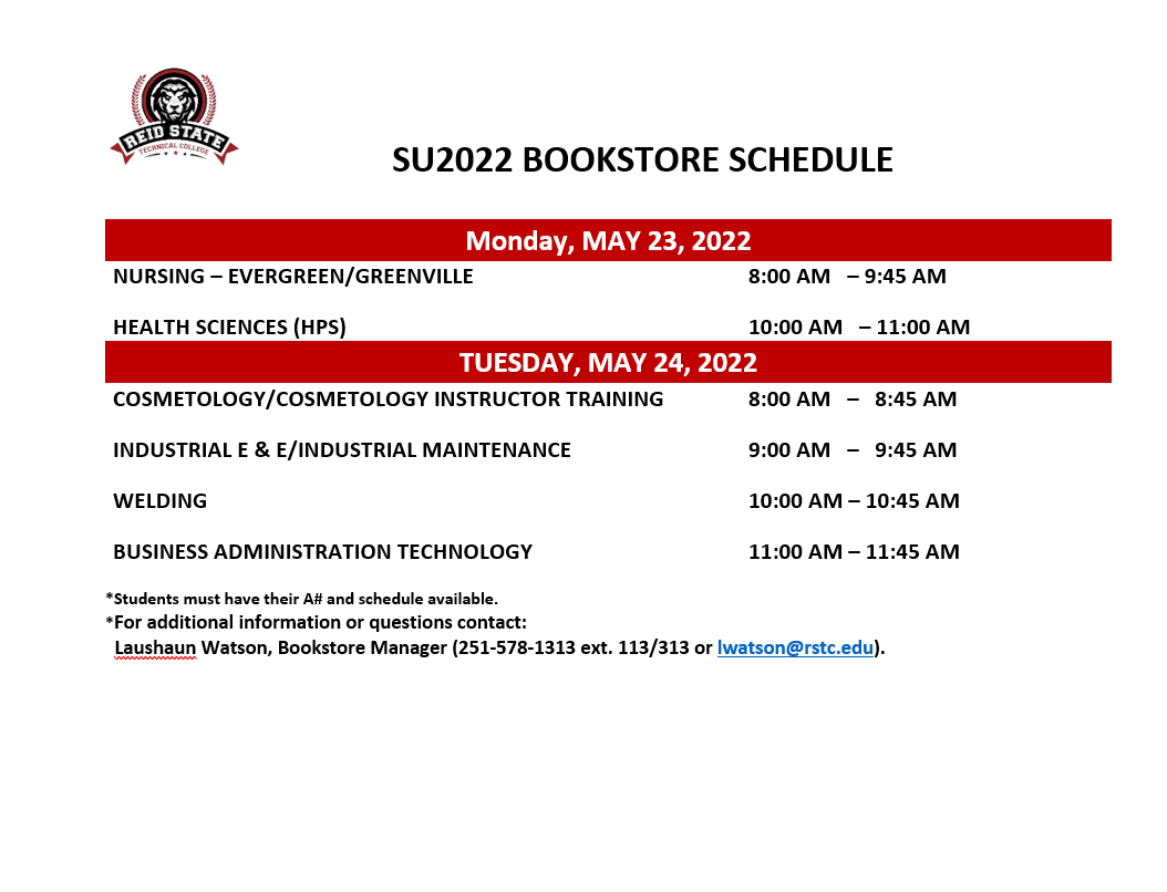 Summer 2022 Bookstore Schedule Summer 2022 Bookstore Schedule
