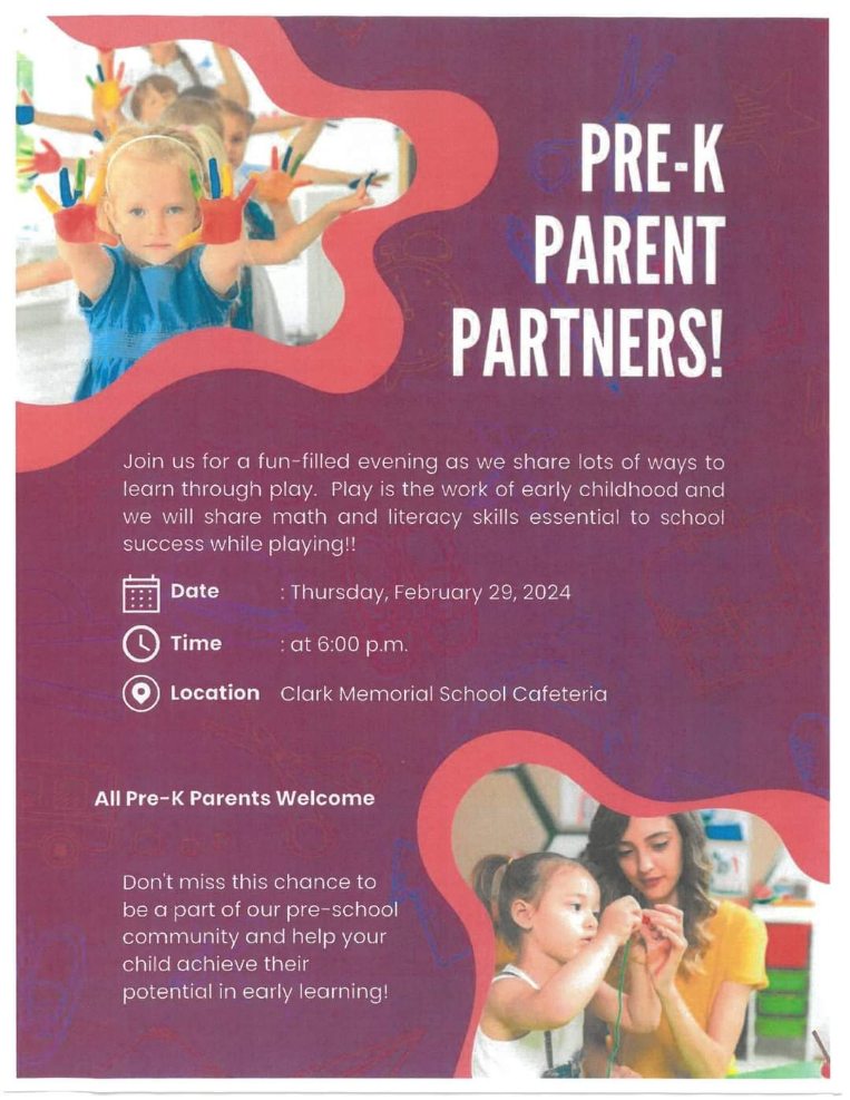 PreK parent partners - Feb 29th at 6pm  CMS cafeteria  - PreK fun and information