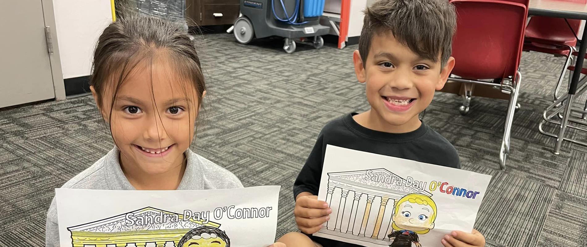 girl and boy holding Sandra Day O'Connor coloring pages