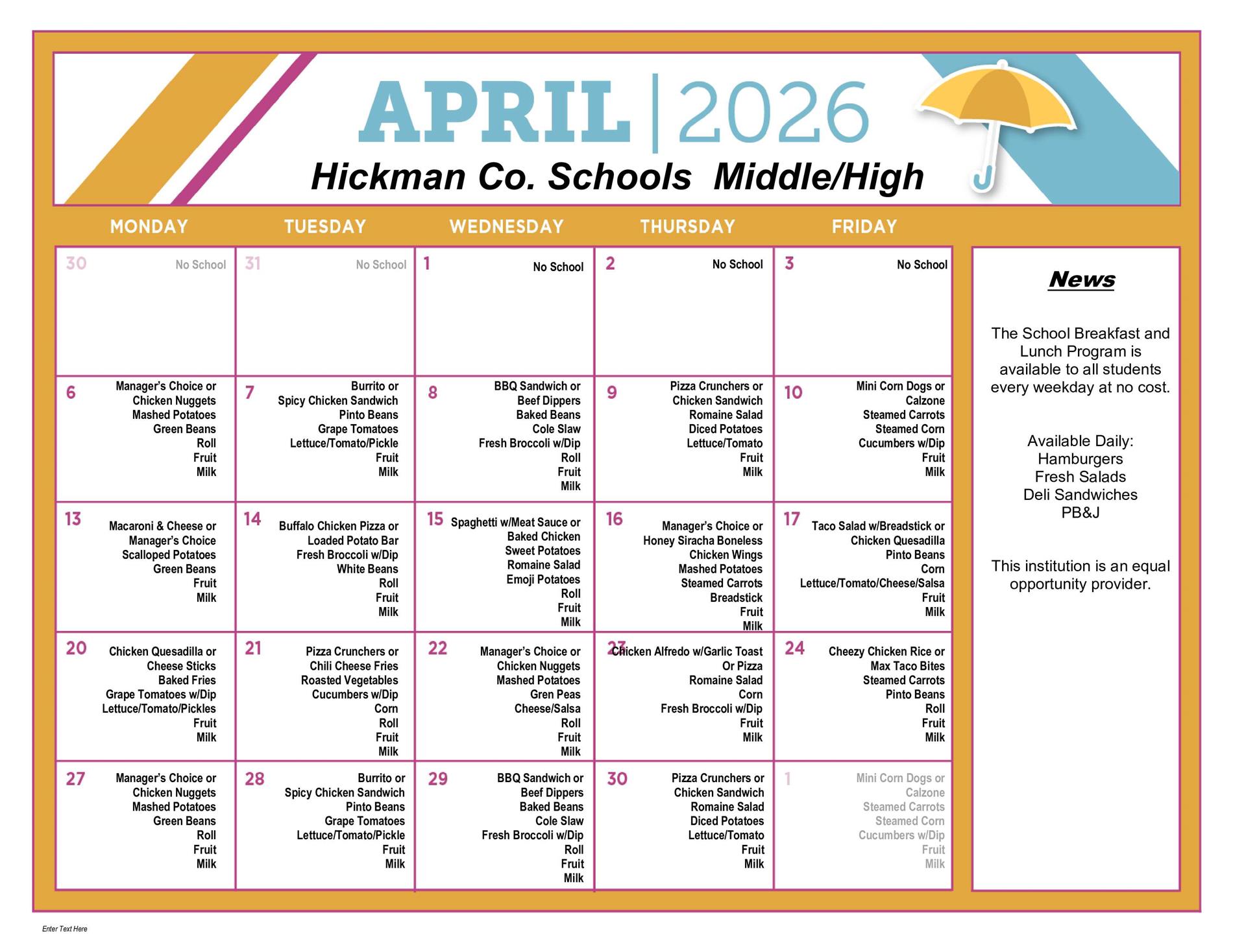 Lunch menus for the middle and high schools