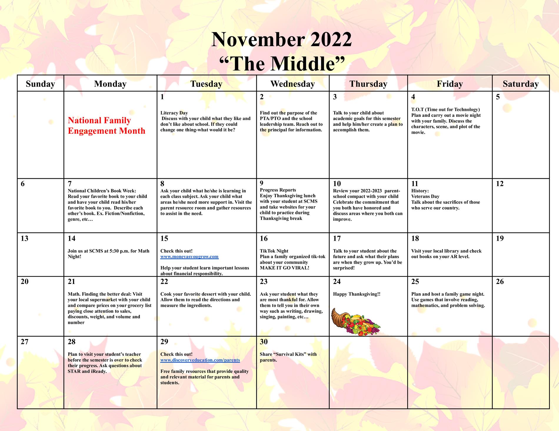November Family Engagement Calendar