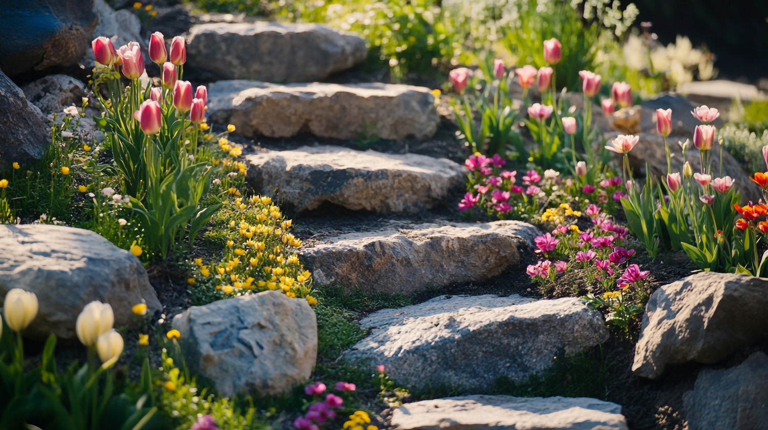 Stepping stones and spring tulips