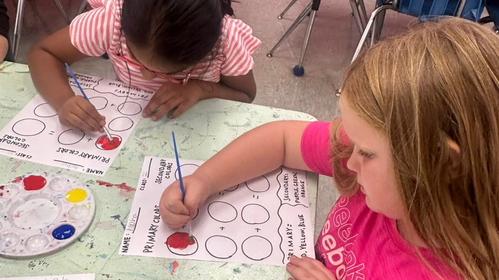 Two girls are painting on their papers displaying how primary colors can create other colors when mixed with another primary color.