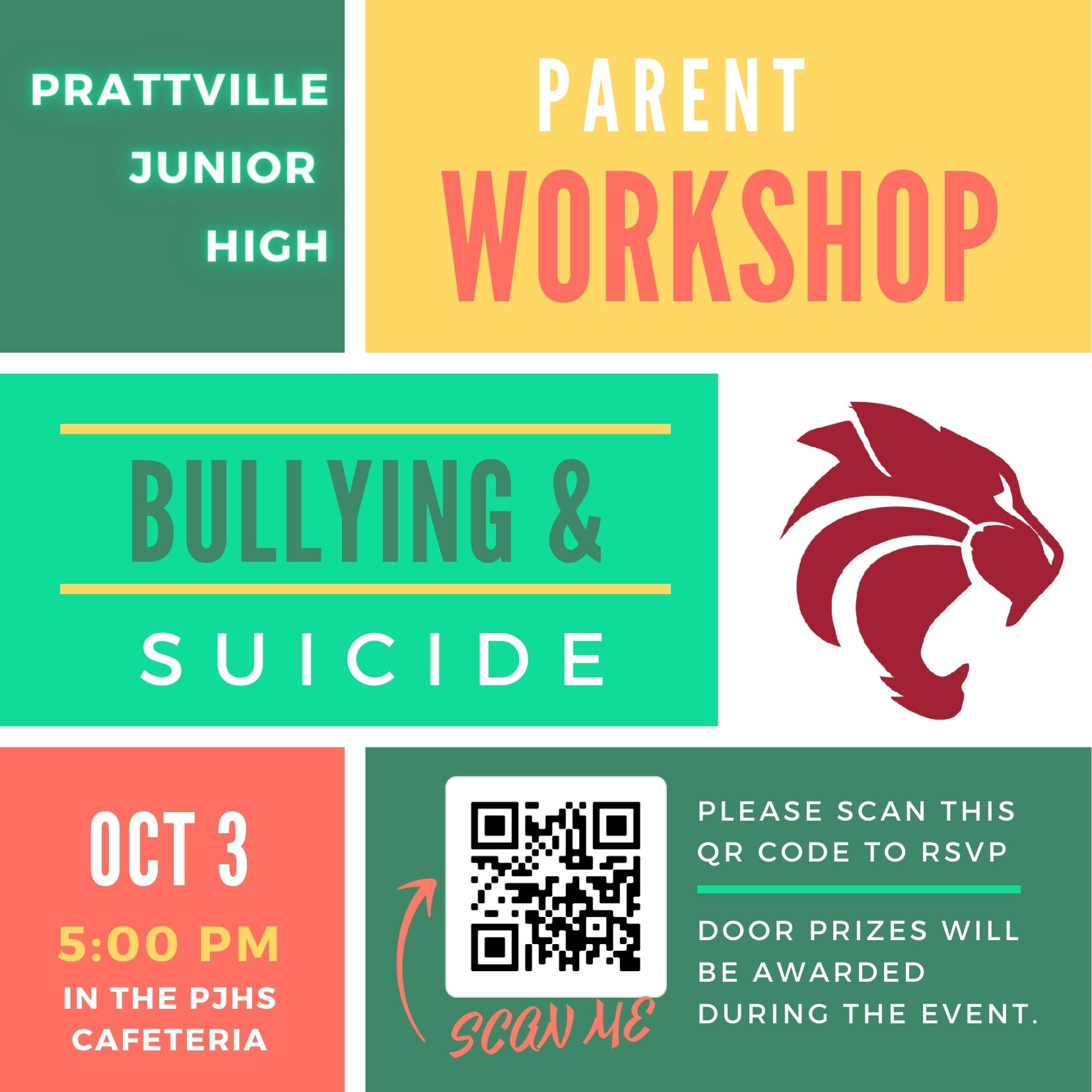 October parent workshop poster for bullying and suicide prevention awareness. October 3rd 5 pm at pjhs door prizes will be awarded