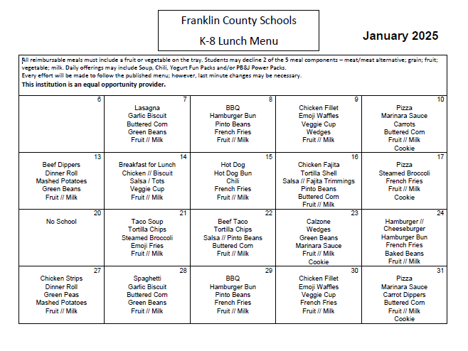 elementary lunch menu for January 7-31