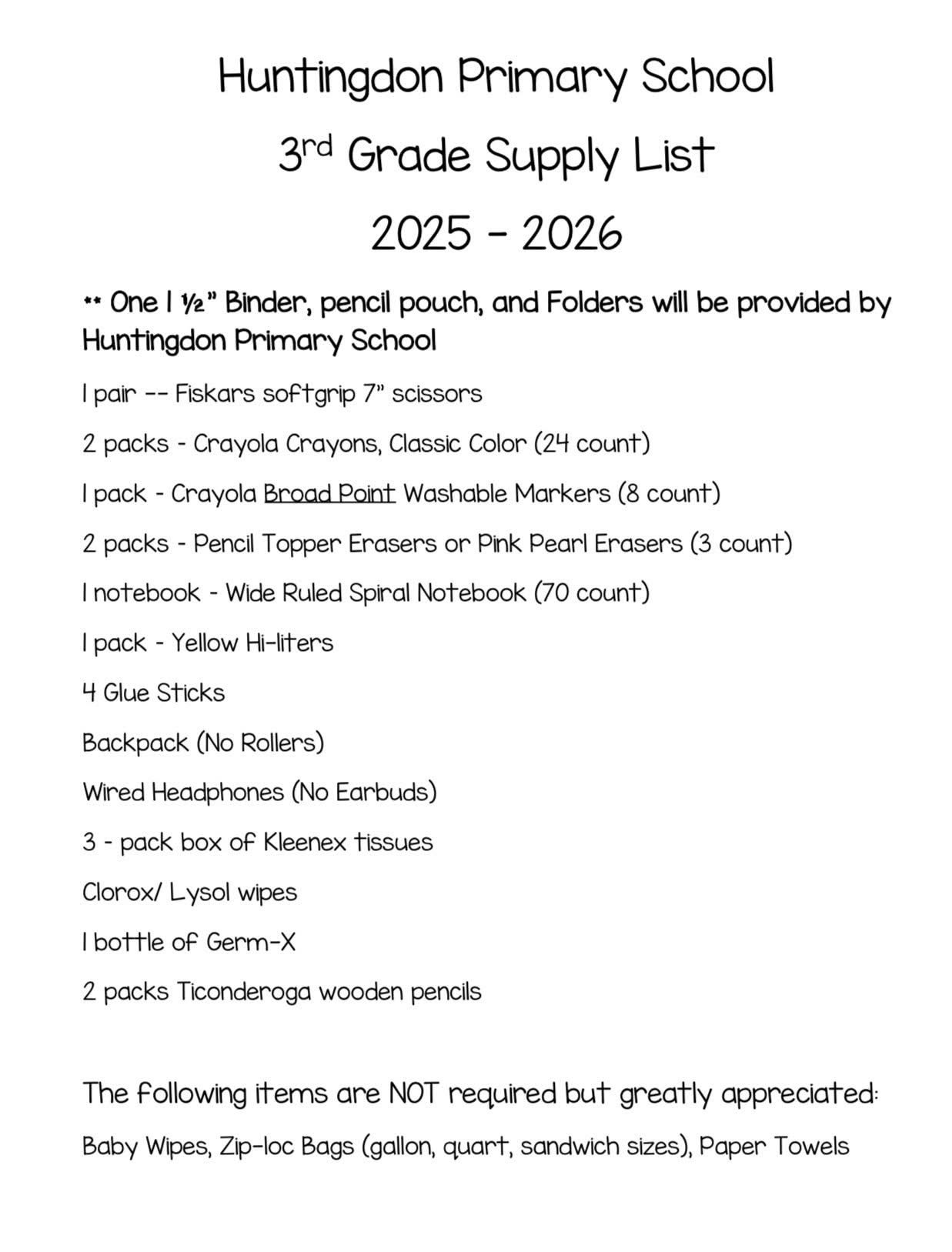 Third Grade Supply List