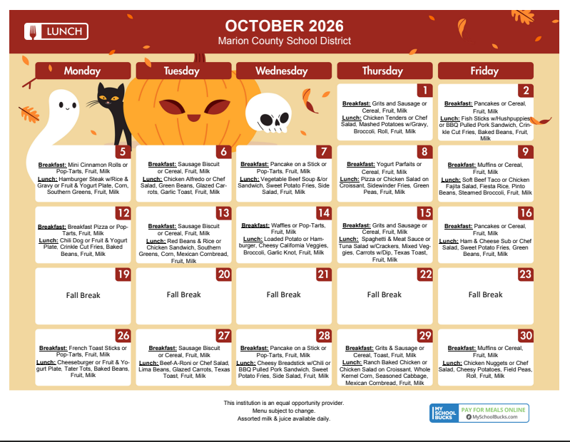 October Lunch Menu 