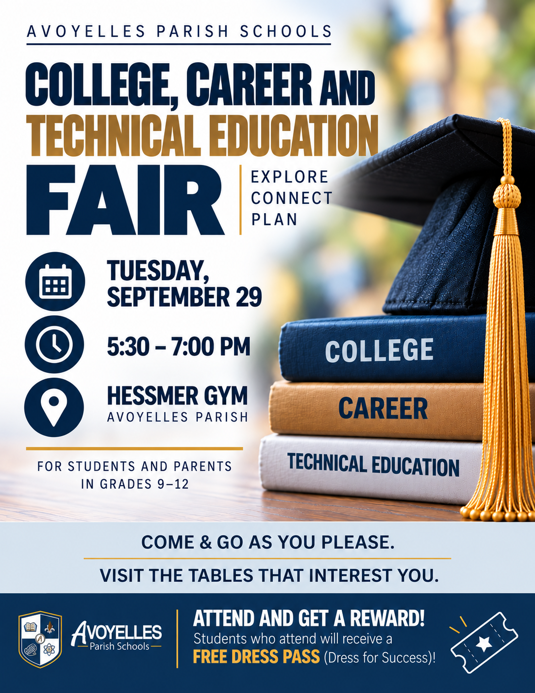College, Career and Technical Education Fair announcement for September 29 from 5:30 to 7 PM at Hessmer Gym.
