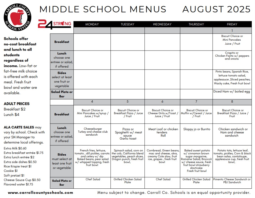 August Lunch Menu