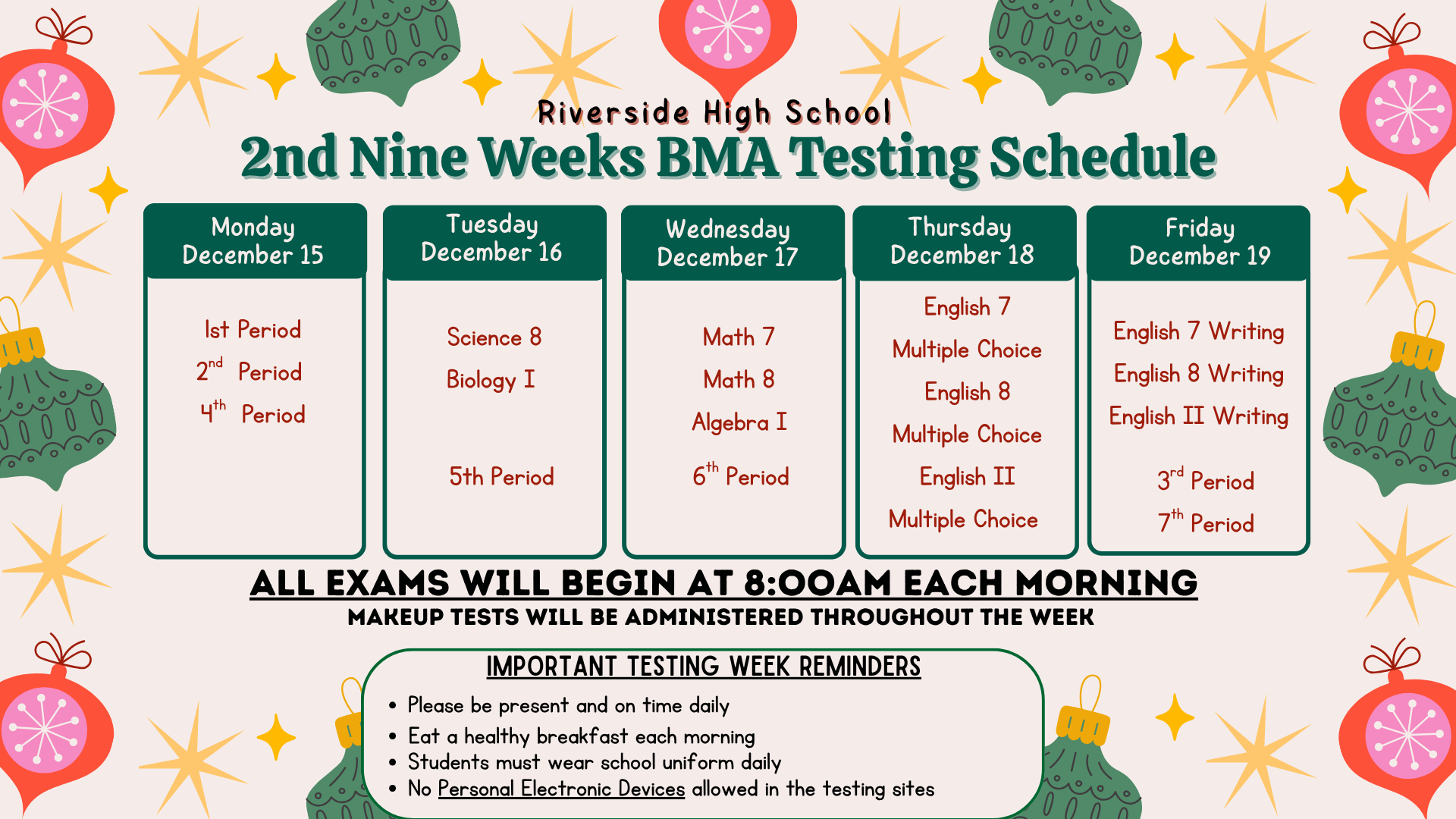 2nd Nine Weeks BMA Schedule 