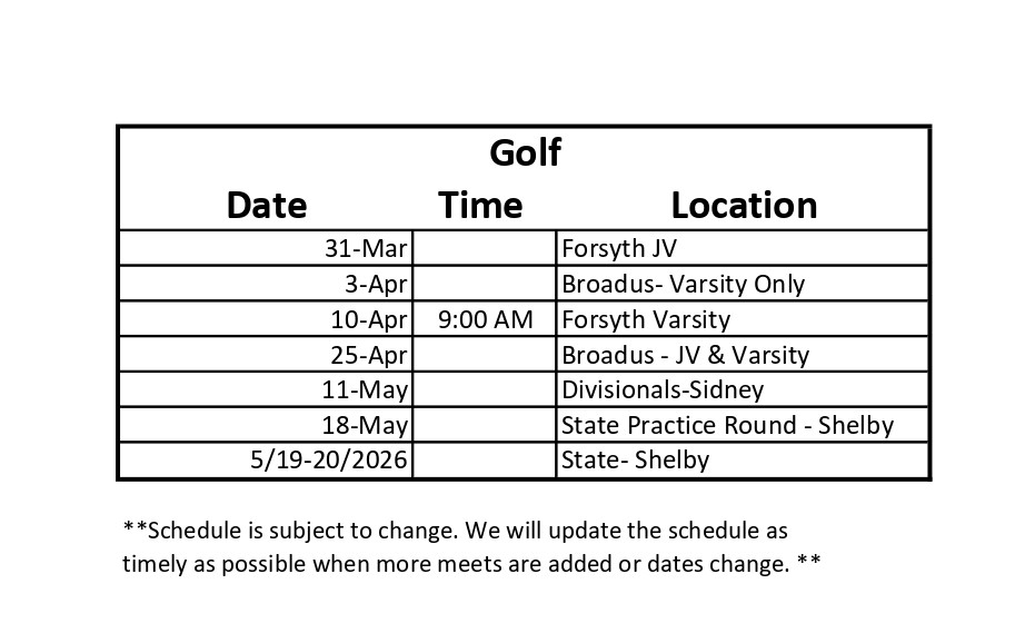 Golf Date Time Location 31- mar Forsyth JV 3- Apr Broadus - Varsity Only 10- apr 9:00 am Forsyth Varsity 25- Apr Broadus JV & Varsity 11-May Divisionals Sidney 18-May State Practice ROund SHelby 5/19-20/2026 State Shelby ** Schedule is subject to change. We will update the schedule as timely as possible when more meets are added or dates change. **