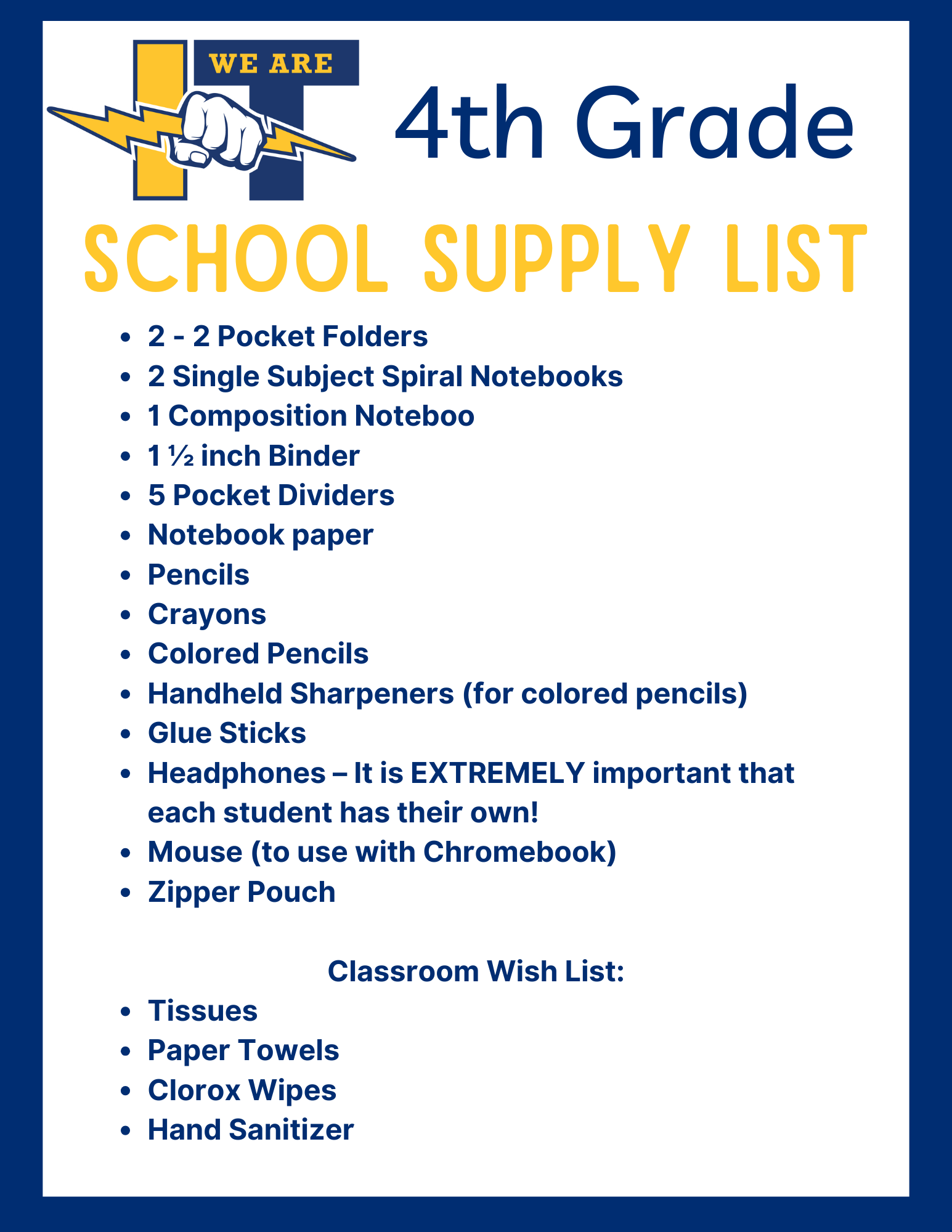 4th grade supply list 25-26