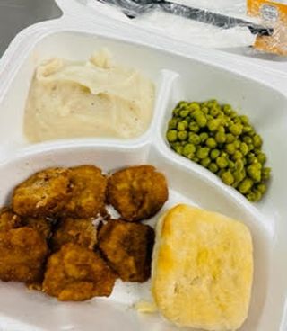 Steak Nuggets, Mashed Potatoes, English Peas and Whole Grain Biscuit