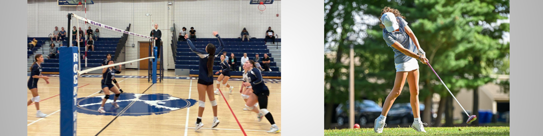 Volleyball team in action and a girls golf player teeing off