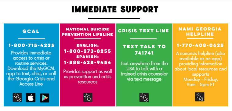 immediate support info and phone numbers