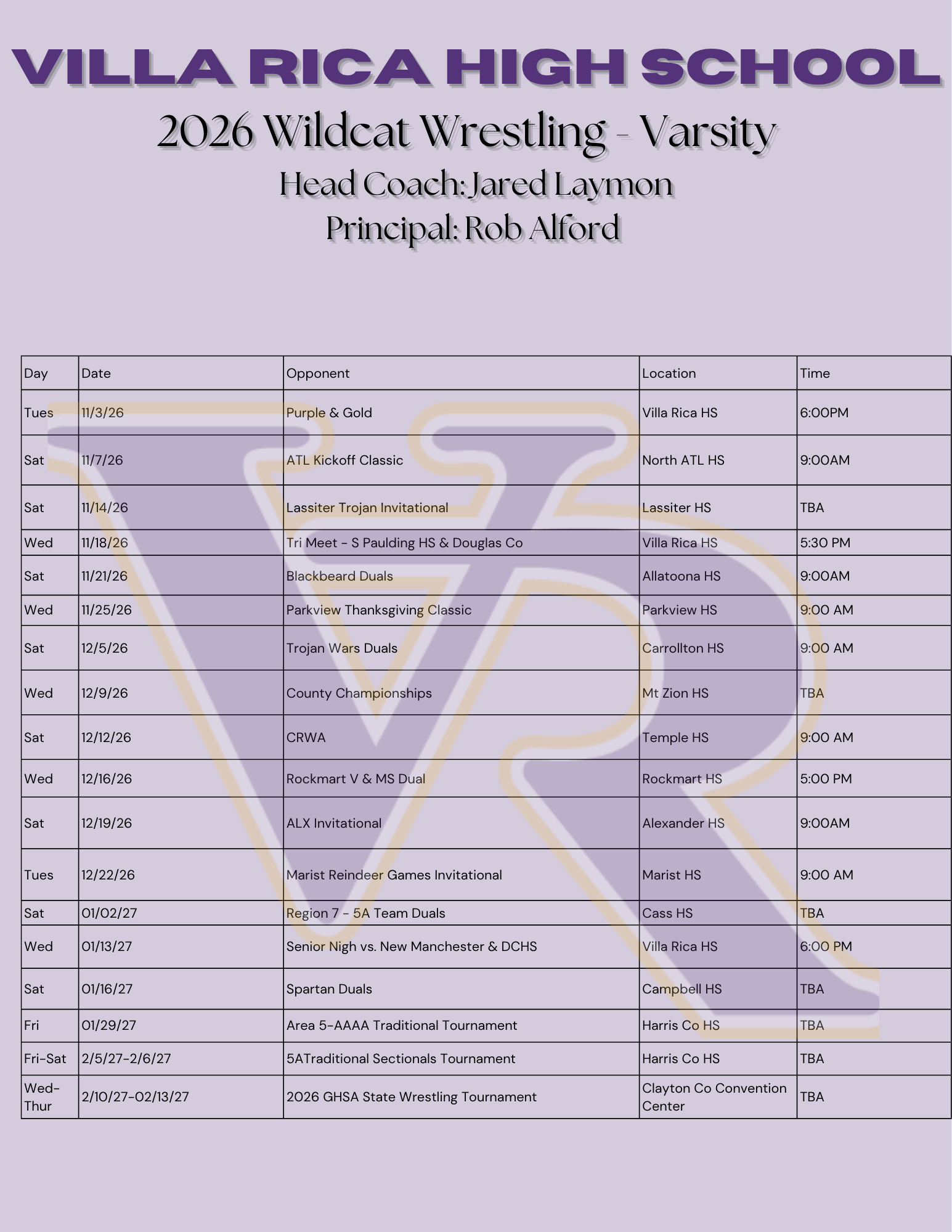 2026 Varsity Wrestling schedule