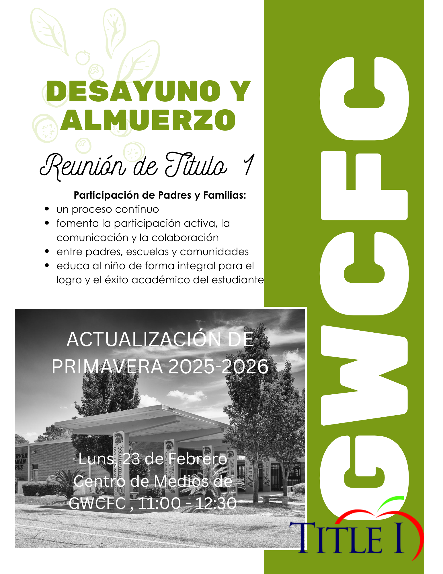 Folleto verde y blanco con información sobre la reunión del Título 1.