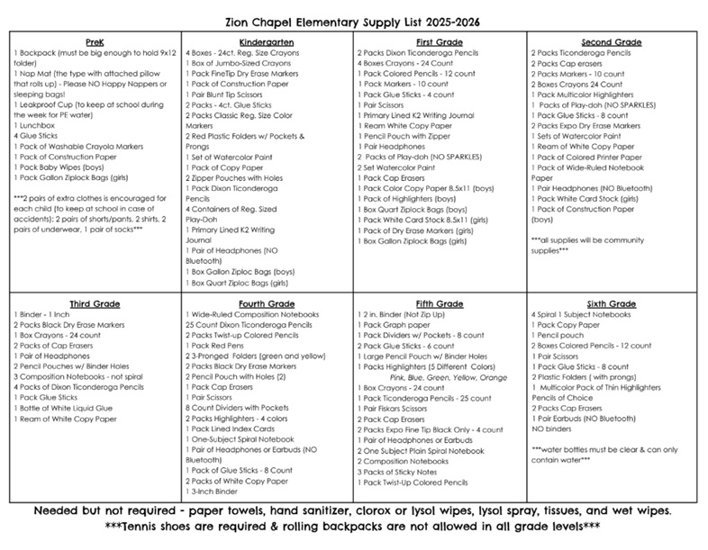 2025-2026 Elementary Supply List
