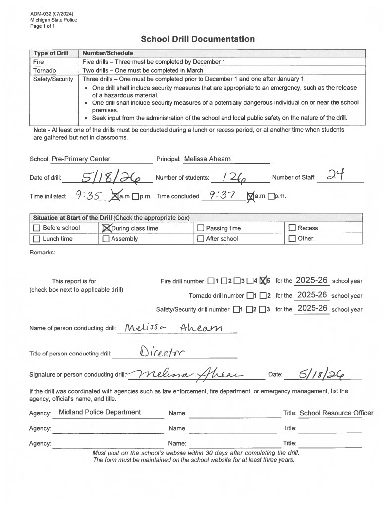 Form for Carpenter Pre-Primary tornado fire drill of 2025-2026 Form for Carpenter Pre-Primary tornado fire drill of 2025-2026