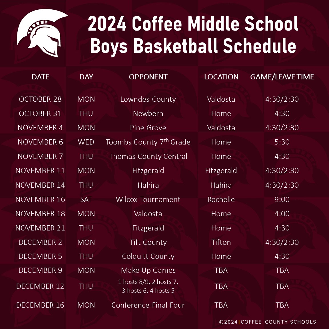 2024 Coffee Middle School Boys Basketball Schedule