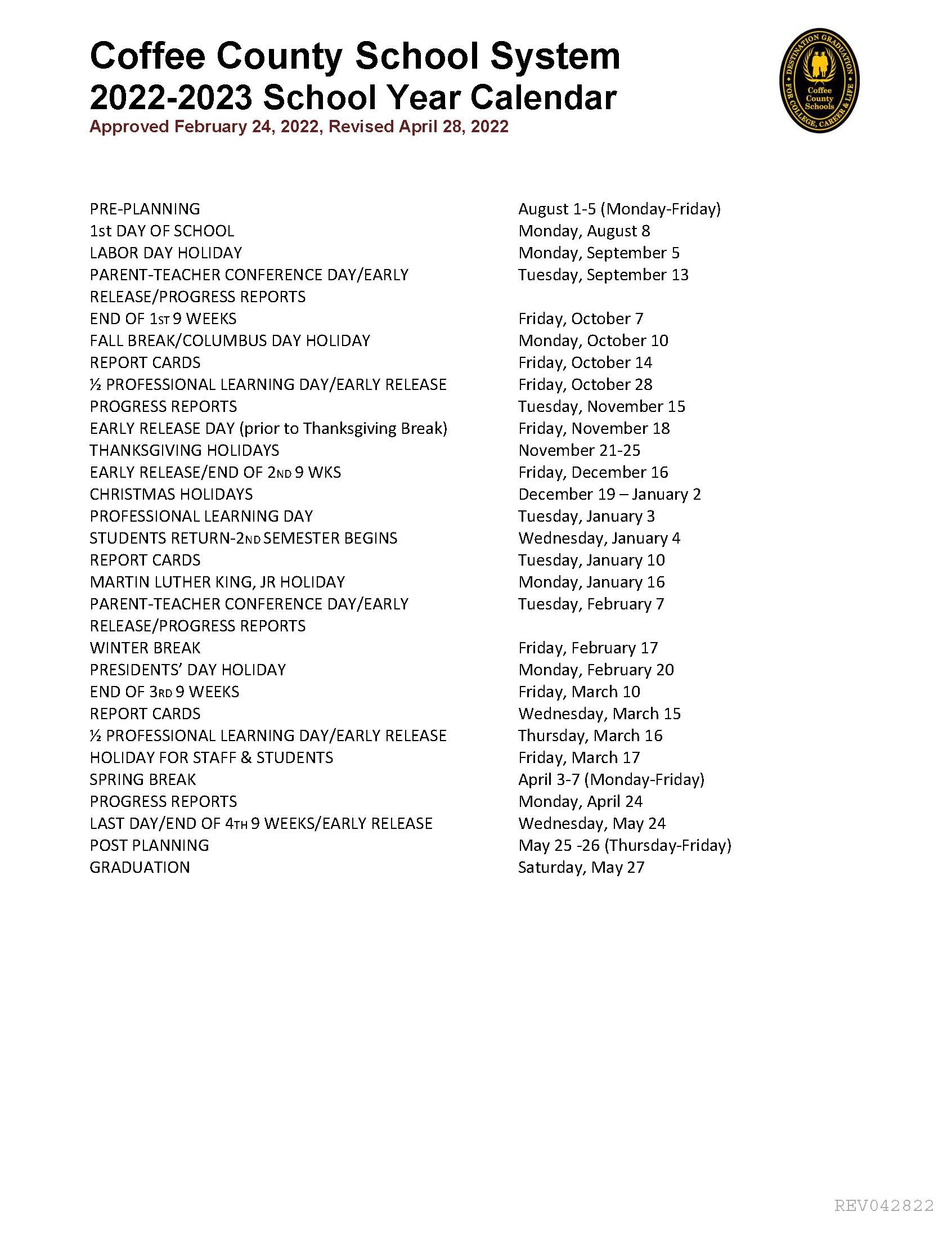 2022 2023 School Year Calendar
