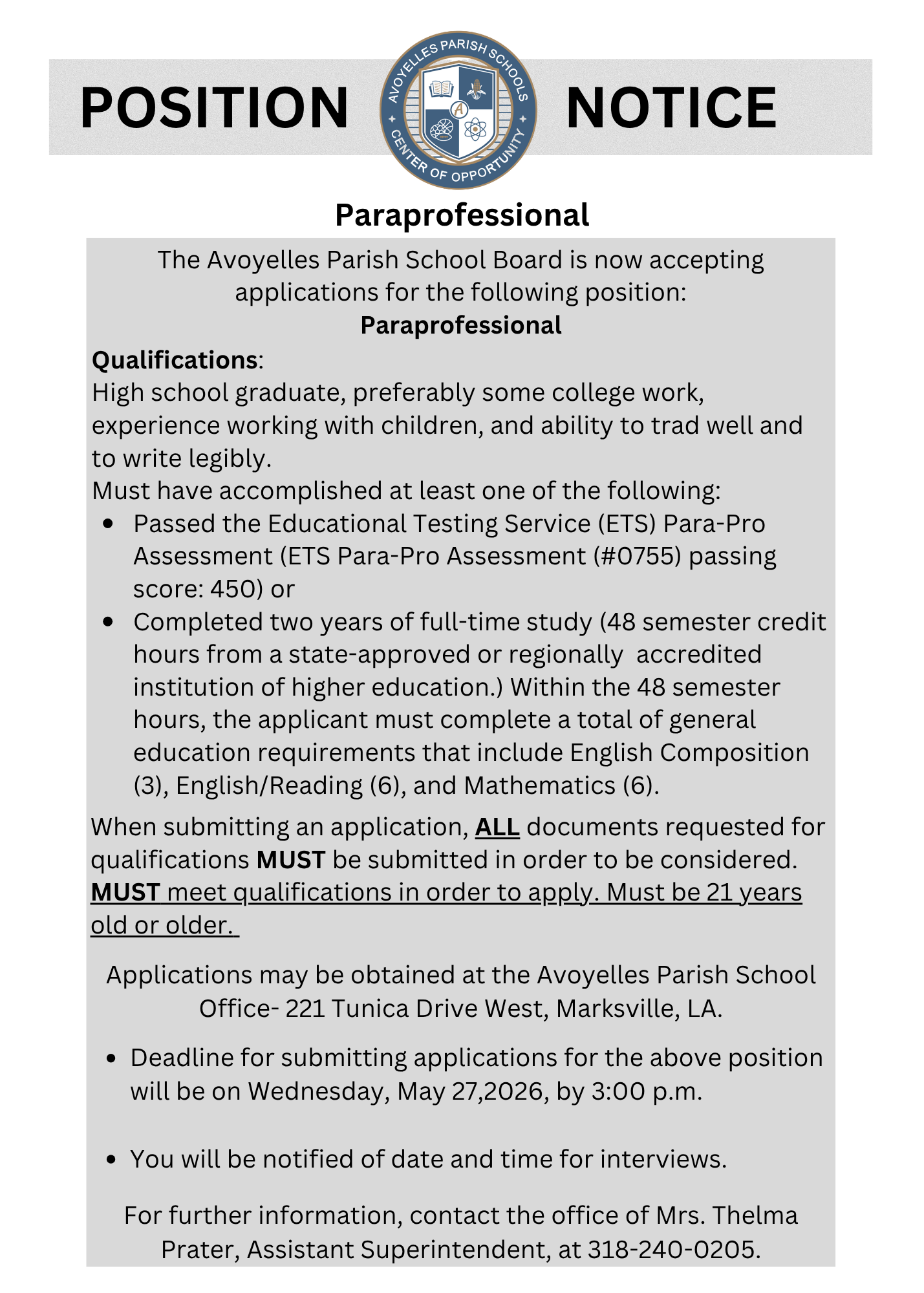 Paraprofessional Job Posting 5.6.26