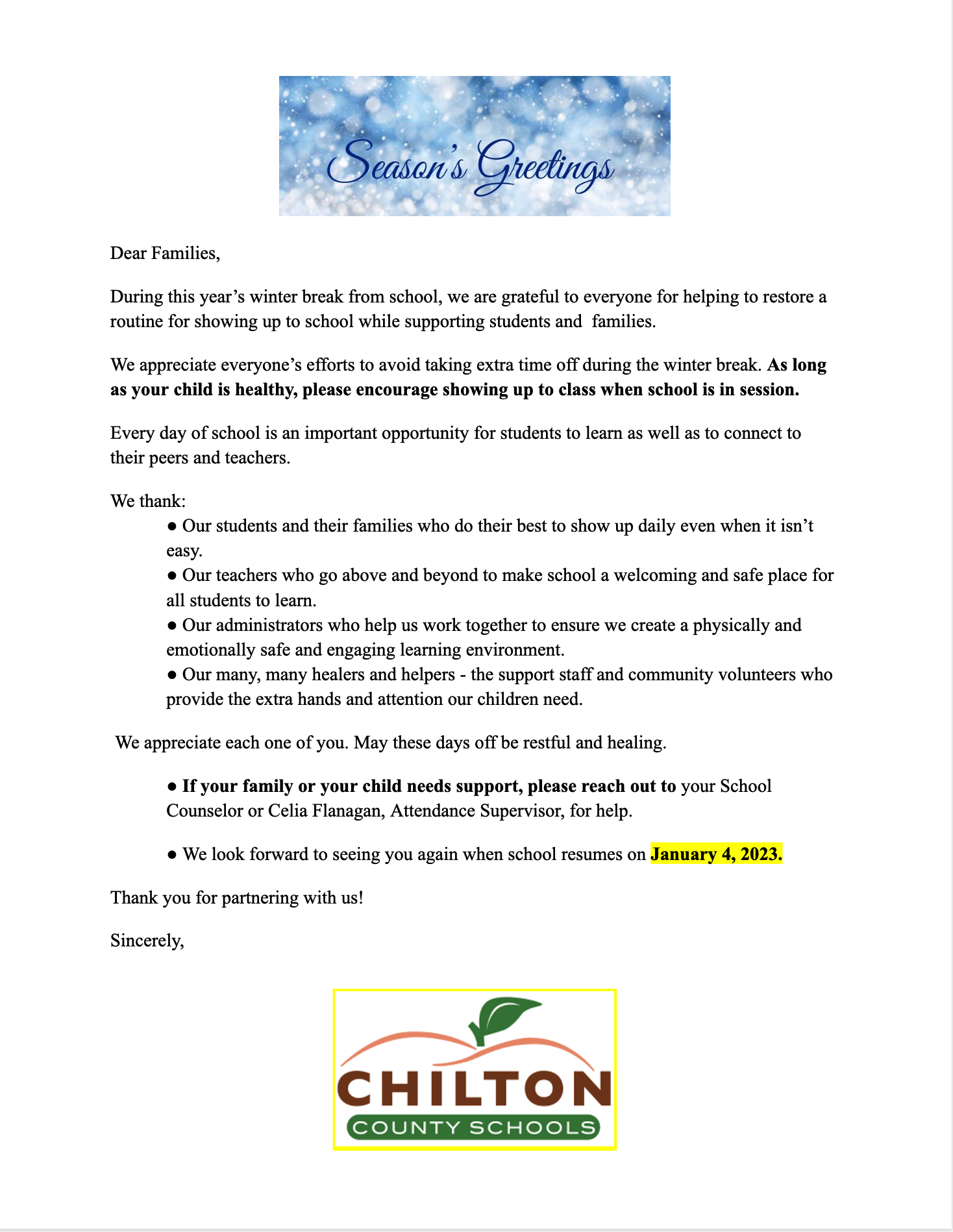 Winter Break Letter, for help please email cbflanagan@chiltonboe.com
