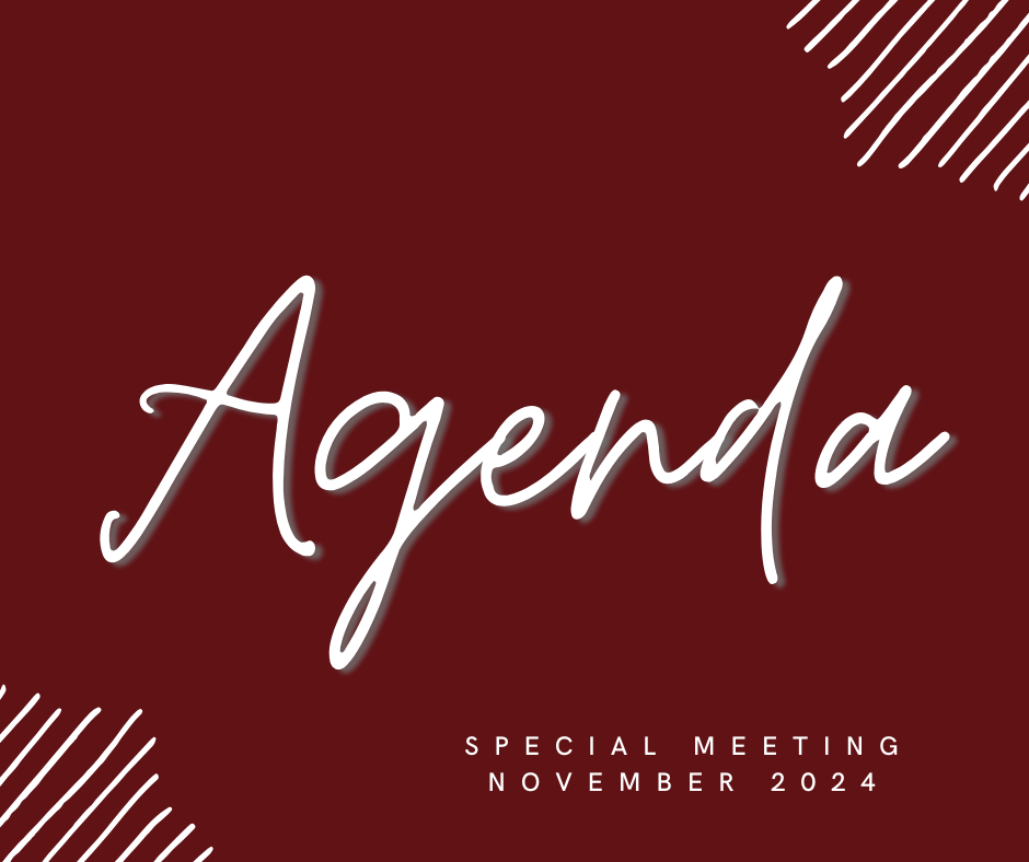 Marron box with white text stating "agenda" and "Special Meeting November 2024." 