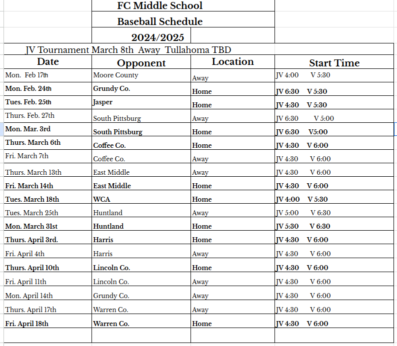 24-25 Baseball schedule