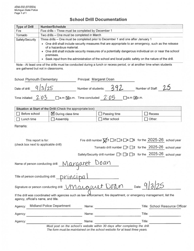 Form for Plymouth Elementary's first fire drill of 2025-2026