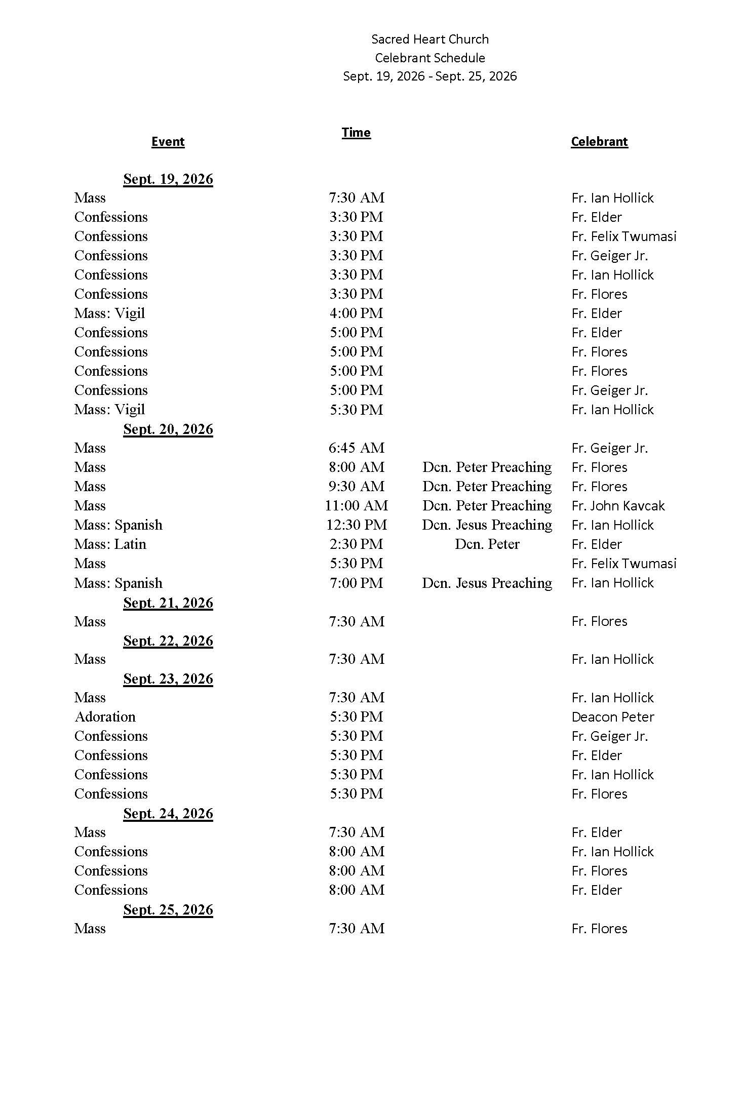 celebrant schedule