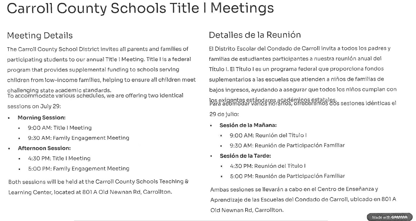 Carroll County Annual Title I and Input Meetings Carroll County Annual Title I and Input Meetings
