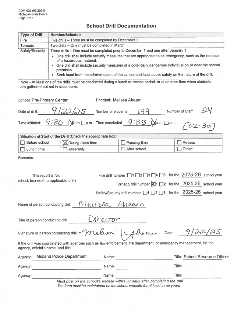 Form for Carpenter Pre-Primary tornado fire drill of 2025-2026