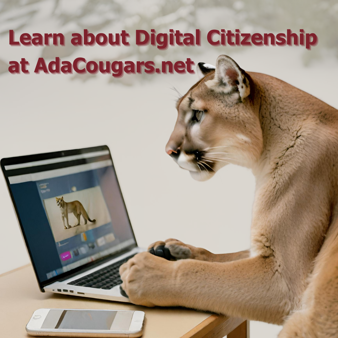 animated cougar looking at laptop computer. Learn about digital citizenship at adacougars.net