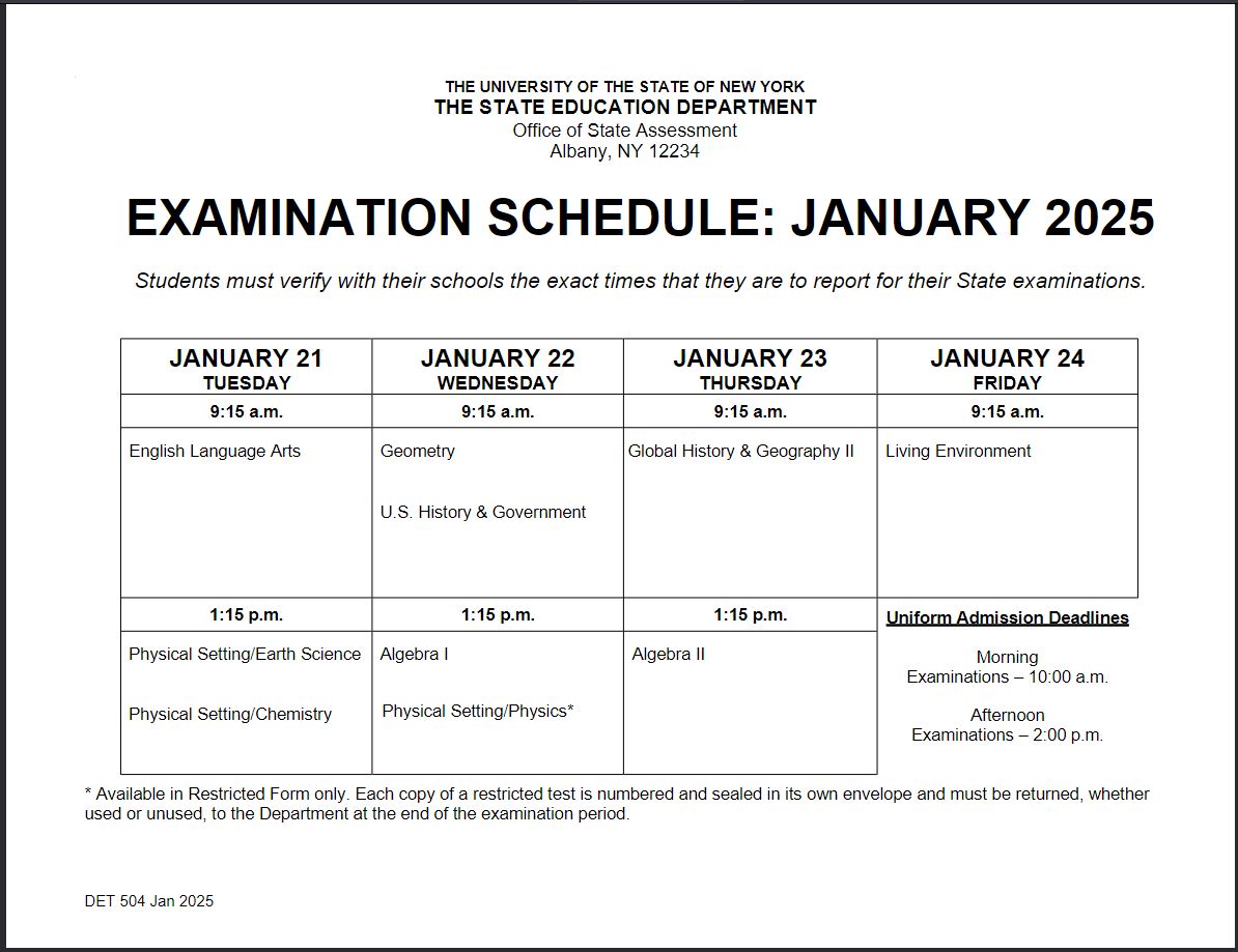 January Regents Schedule