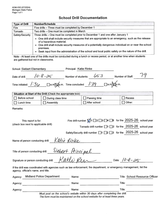 Form for Siebert Elementary's second fire drill of 2025-2026