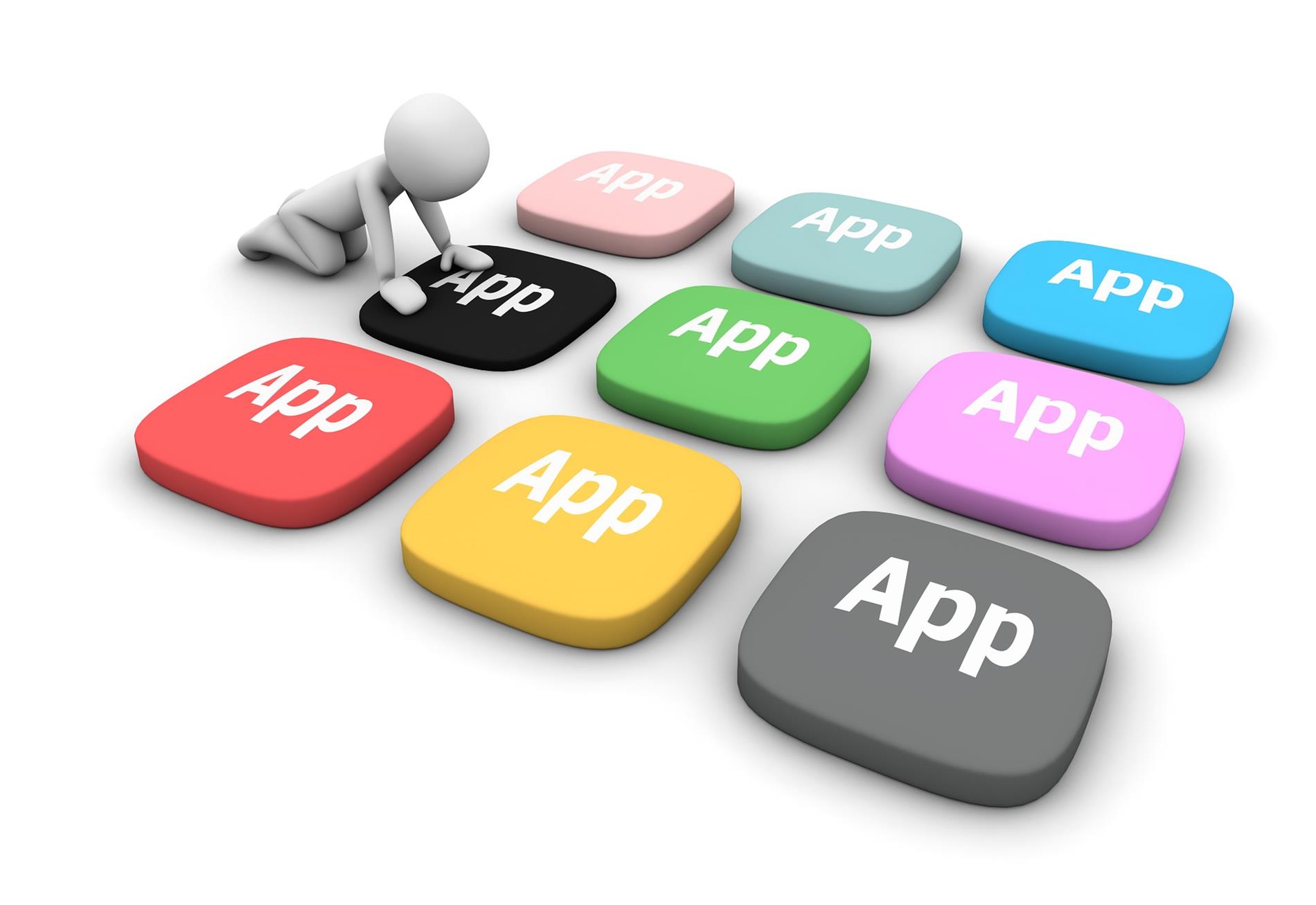 toy figure pressing on giant mutli colored buttons labeled "App" toy figure pressing on giant mutli colored buttons labeled "App"