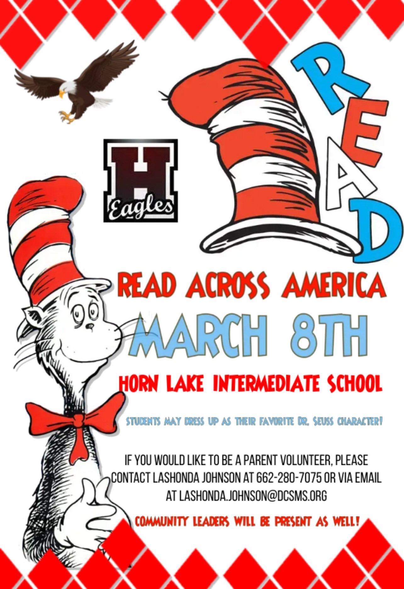Flyer: Read Across America at Horn Lake Intermediate March 8, 2024. There will be guest readers, and students may dress up as their favorite Dr. Suess character.
