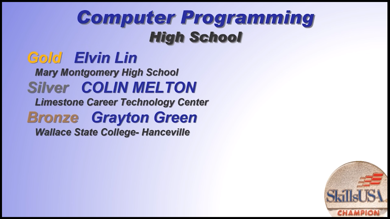 SkillsUSA State Programming Contest, MGM Student Elvin Lin won Gold
