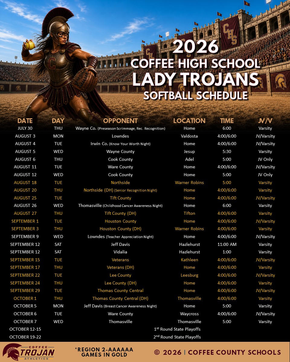 2026 Coffee High School Softball Schedule