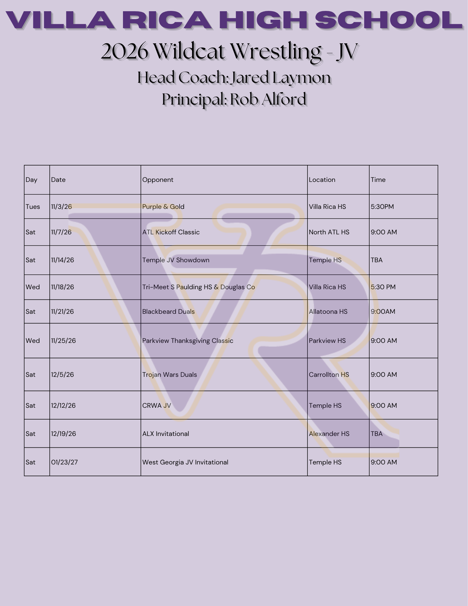 2026 JV Boys Wrestling Schedule