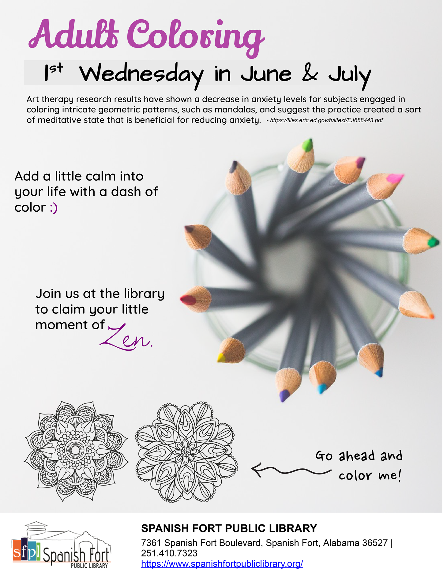 Adult Coloring 1st Wednesdays in June and July 2023 1pm -3pm