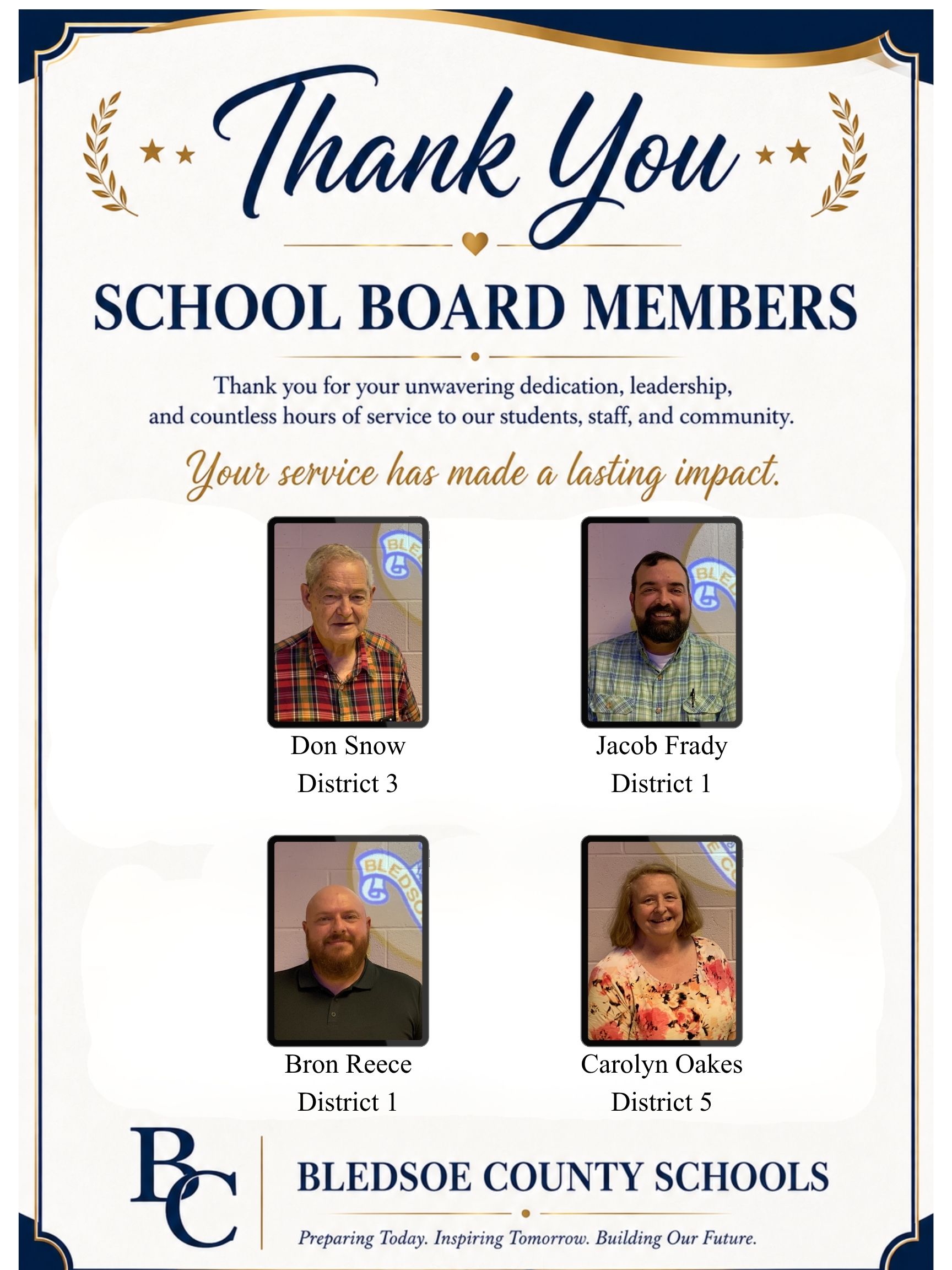 Poster highlighting outgoing BOE Members